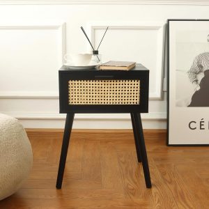 Vintage-style nightstand with rattan storage