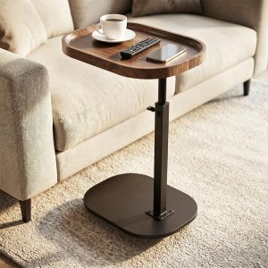 Swiveling, height-adjustable C-shaped side table